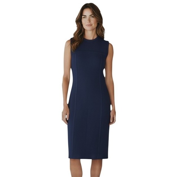 St. John Dresses & Skirts - St John Pique Knit Knee Length Dress Womens L Navy Blue Sleeveless Luxury NWT